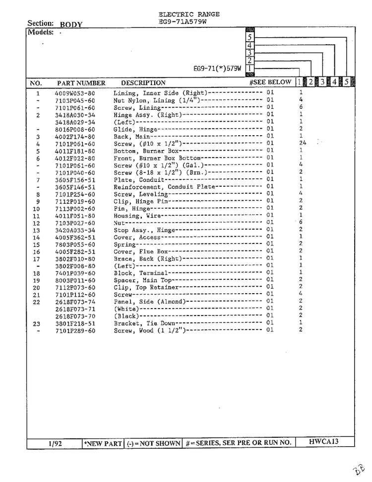 Body Page 2 Diagram and Parts List for EG9-71(*)579W  Hardwick Range