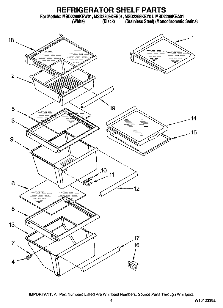 REFRIGERATOR SHELF PARTS Diagram and Parts List for MSD2269KEW01  Maytag Refrigerator