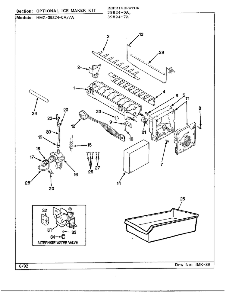 Optional Ice Maker Kit Diagram and Parts List for 39824-7A  Admiral Refrigerator