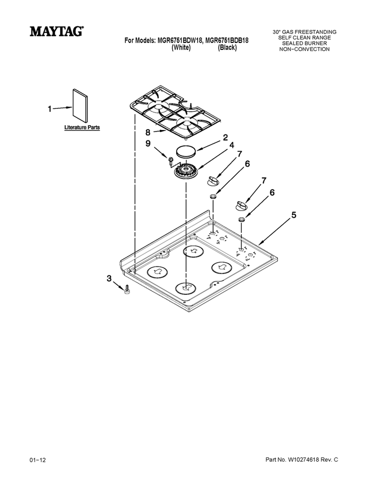 Cooktop Parts Diagram and Parts List for MGR6751BDB18  Maytag Range