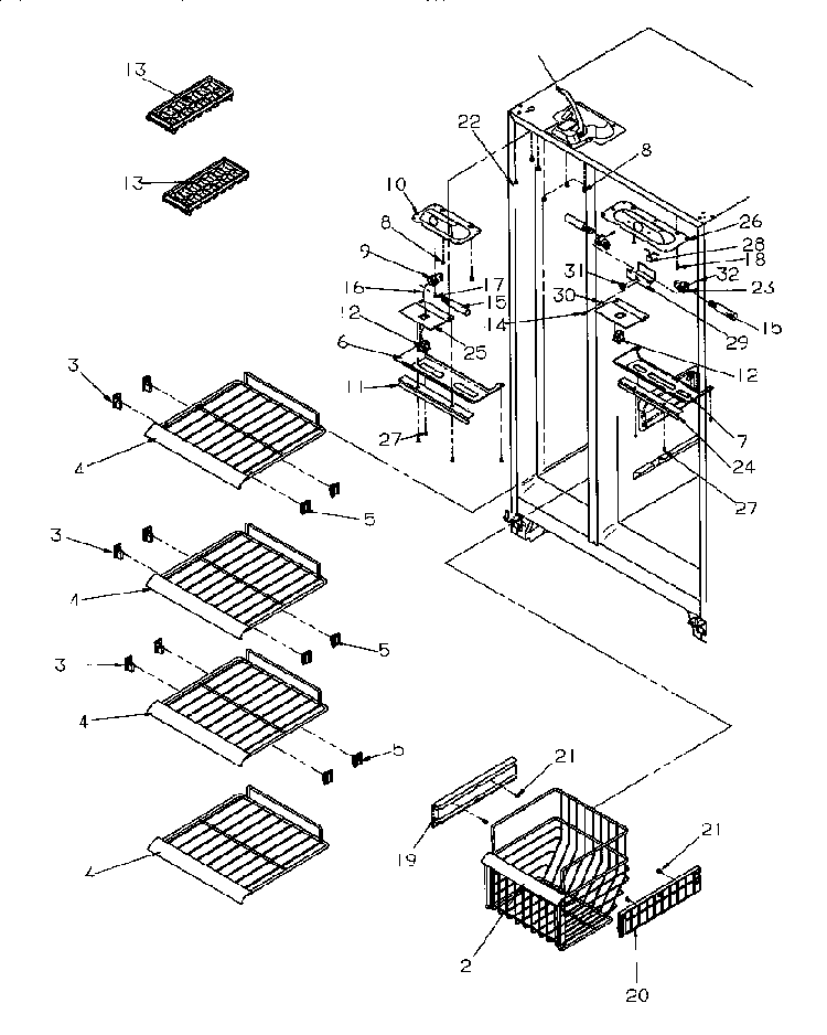 Freezer Shelving And Refrigerator Light Diagram and Parts List for SG521SBL-P1197001WL  Amana Refrigerator