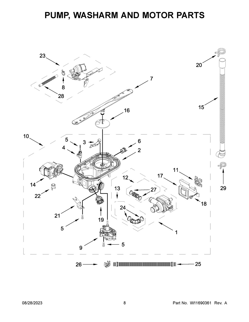 Pump, Washarm And Motor Parts Diagram and Parts List for JDPSS244PL0  Jenn-Air Dishwasher
