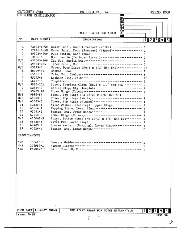 Freezer Door Page 2 Diagram and Parts List for 21304-0A  Admiral Refrigerator