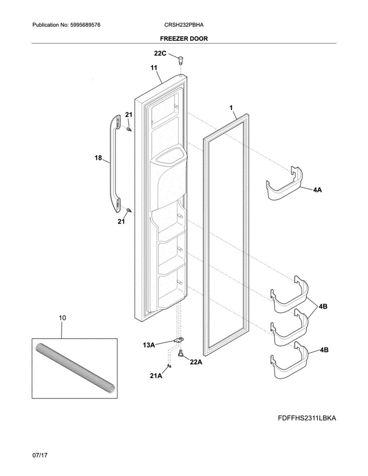 Freezer Door Diagram and Parts List for CRSH232PBHA  Crosley Refrigerator