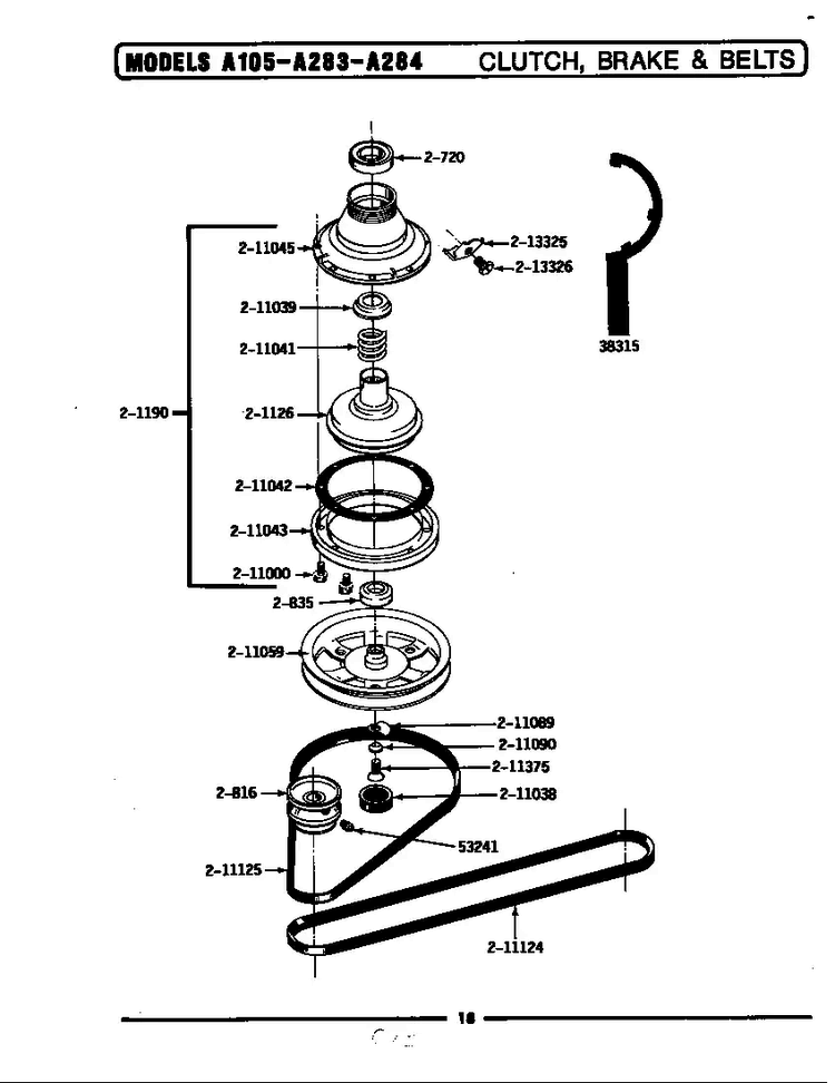 Clutch, Brake & Belts Diagram and Parts List for BA283  Maytag Washer