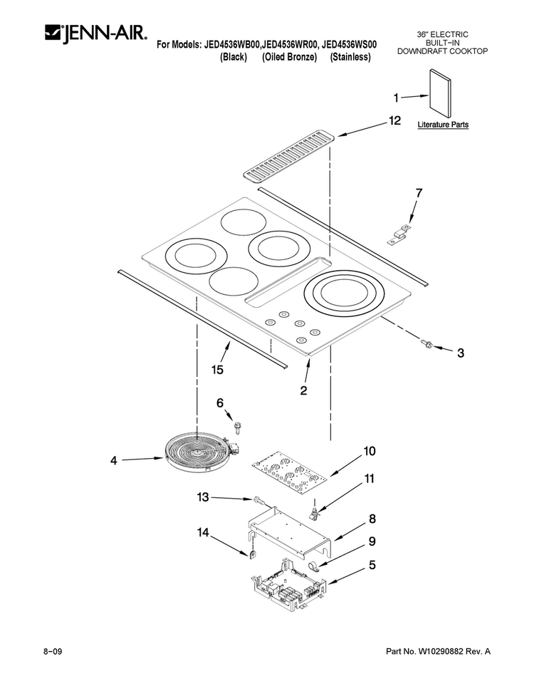 Cooktop Parts Diagram and Parts List for JED4536WR00  Jenn-Air Cooktop