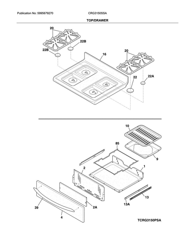 Top/drawer Diagram and Parts List for CRG3150SSA  Crosley Range