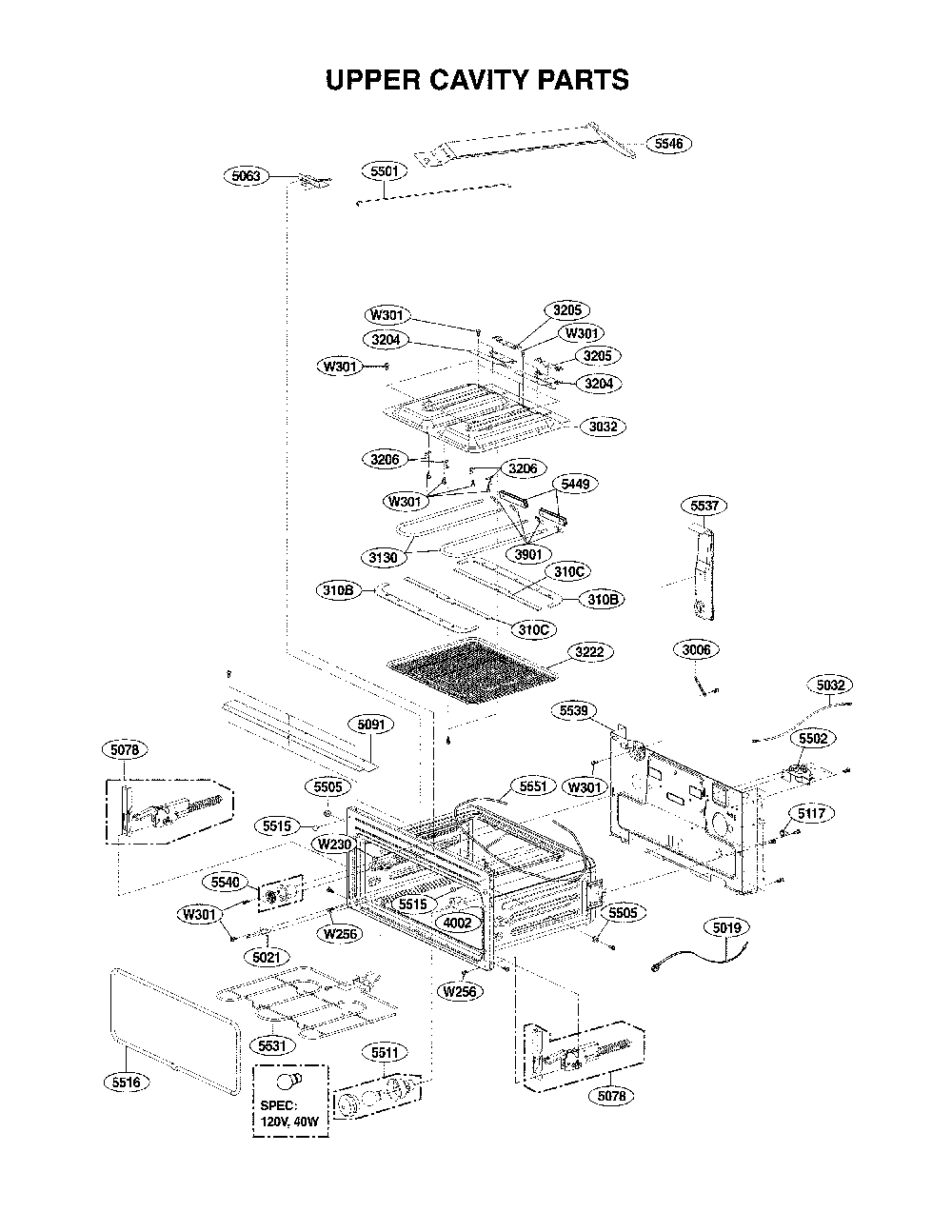 Upper Cavity Parts Diagram and Parts List for 72196043610  Kenmore Range