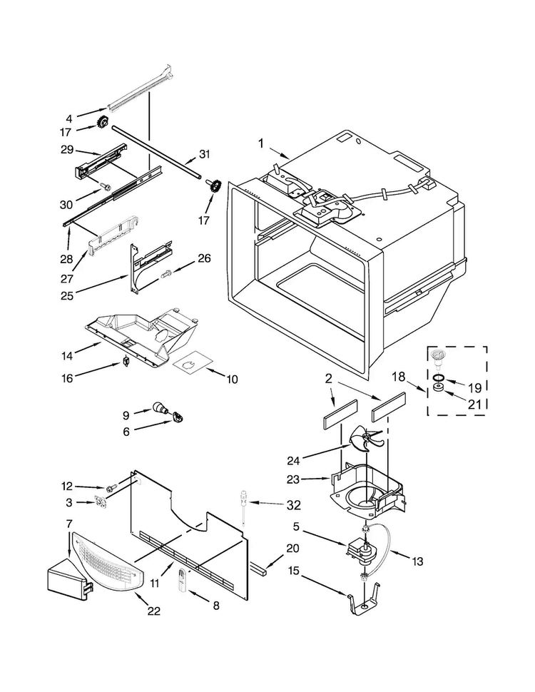 Freezer Liner Parts Diagram and Parts List for JFC2089BEP00  Jenn-Air Refrigerator