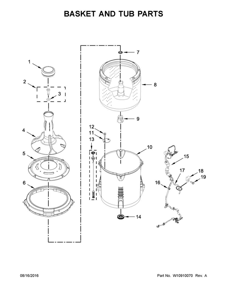 Basket And Tub Parts Diagram and Parts List for NTW4655EW1  Amana Washer