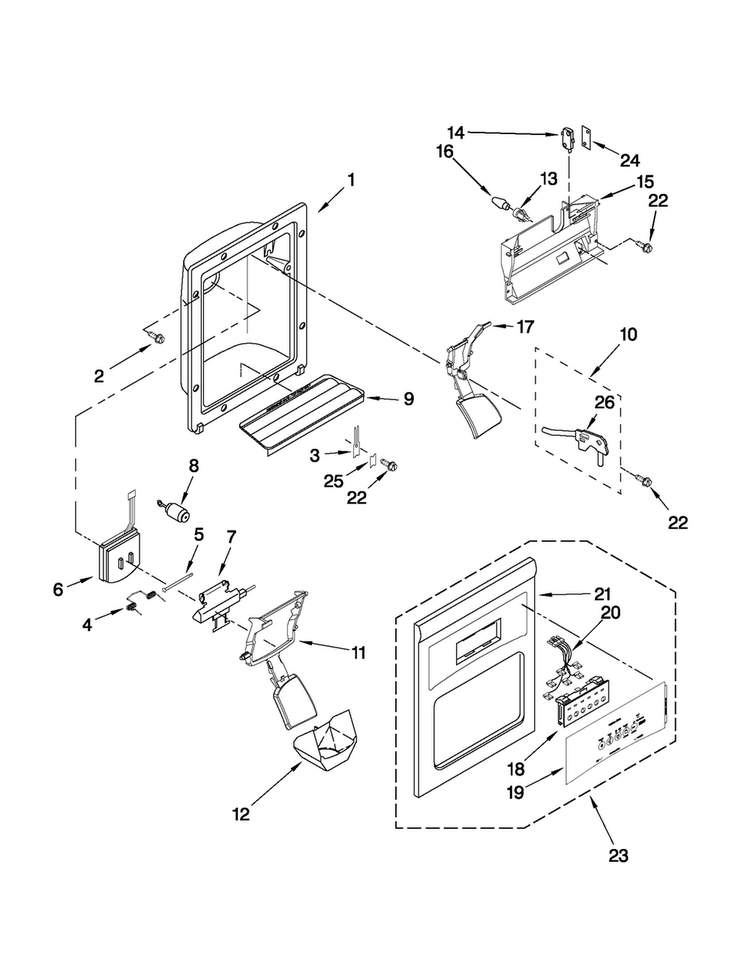 Dispenser Front Parts Diagram and Parts List for MSF22C2EXM01  Maytag Refrigerator