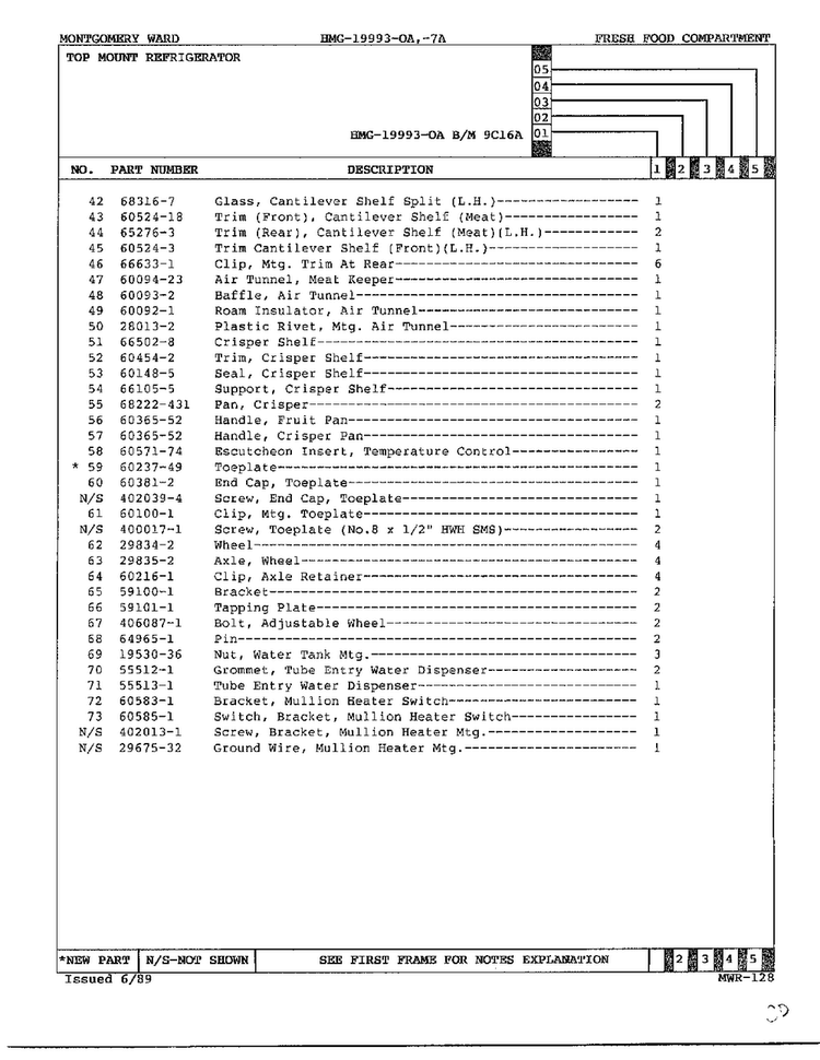 Freezer Compartment Diagram and Parts List for 19993A  Admiral Refrigerator