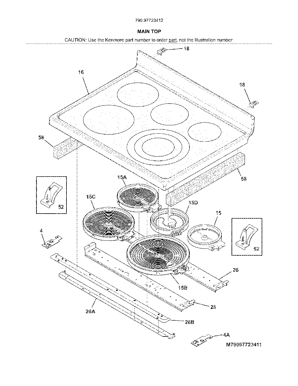 Main Top Diagram and Parts List for 79097723412  Kenmore Range