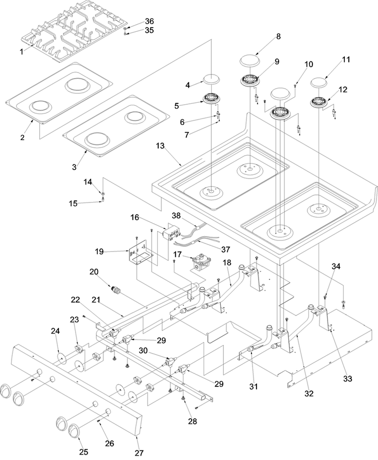 Main Top Diagram and Parts List for OEMA1-ARG7800E  Amana Range