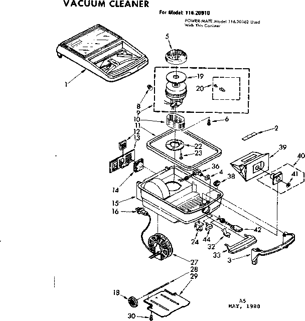 Base Assembly Diagram and Parts List for 11620910  Kenmore Canister Vacuum