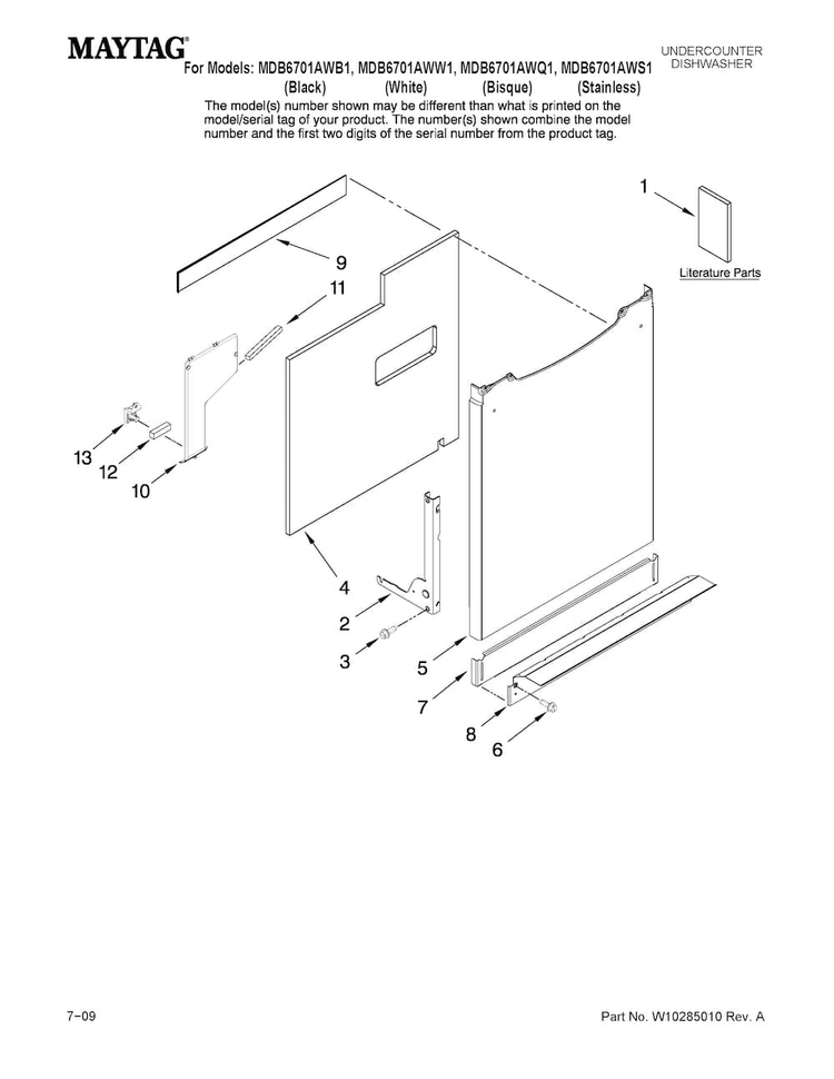 Door And Panel Parts Diagram and Parts List for MDB6701AWB1  Maytag Dishwasher