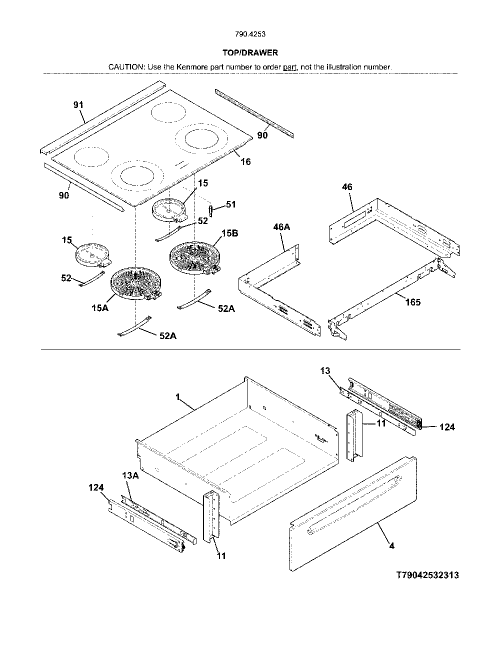 Top/Drawer Diagram and Parts List for 79042532316  Kenmore Range