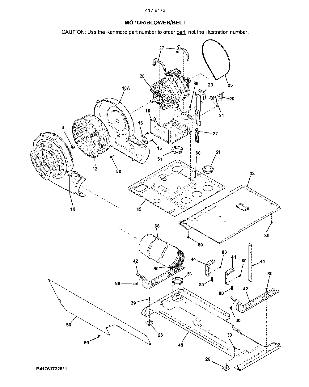 Motor/Blower/Belt Diagram and Parts List for 41761733811  Kenmore Washer Dryer Combo