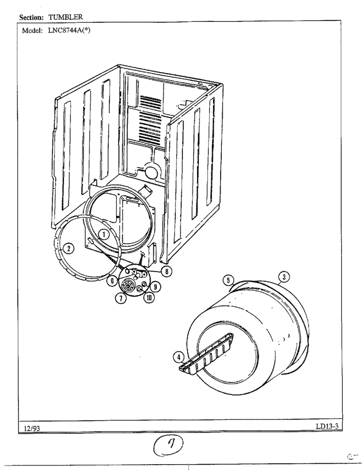 Tumbler Diagram and Parts List for 8744A  Norge Dryer