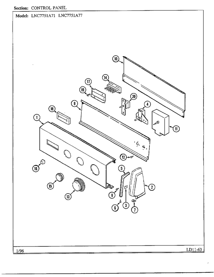 Control Panel Diagram and Parts List for 7751A77  Norge Dryer