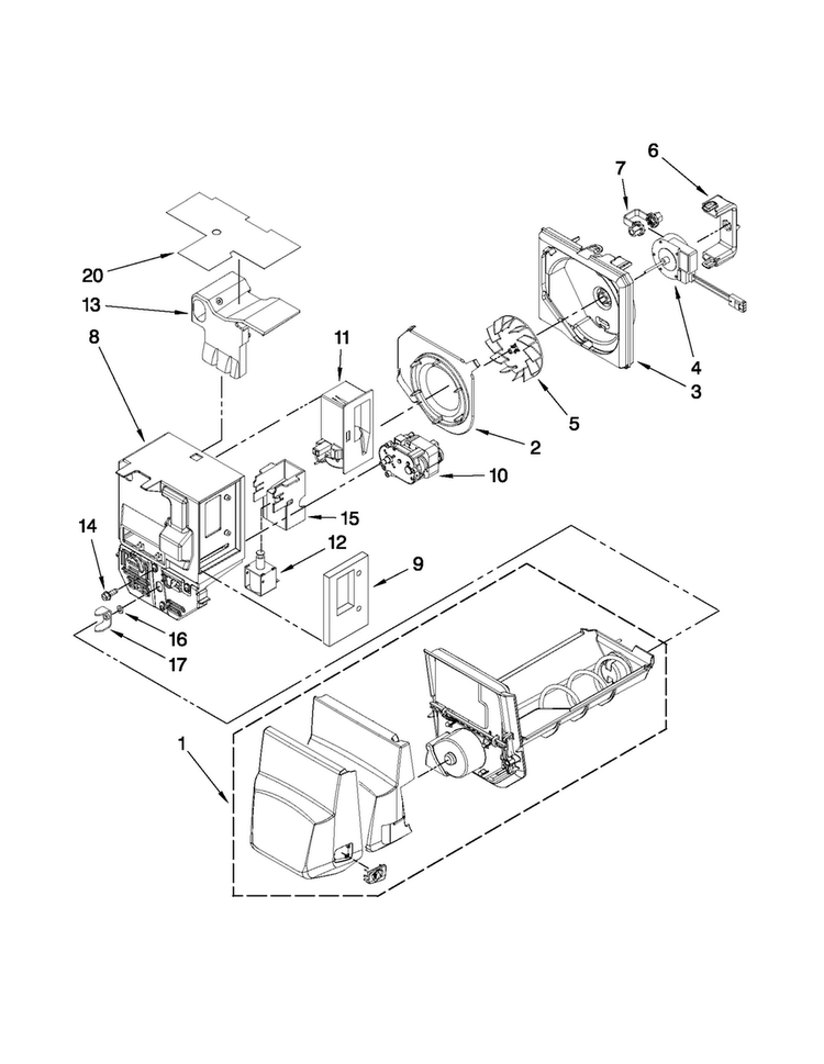 Motor And Ice Container Parts Diagram and Parts List for MFX2571XEM1  Maytag Refrigerator