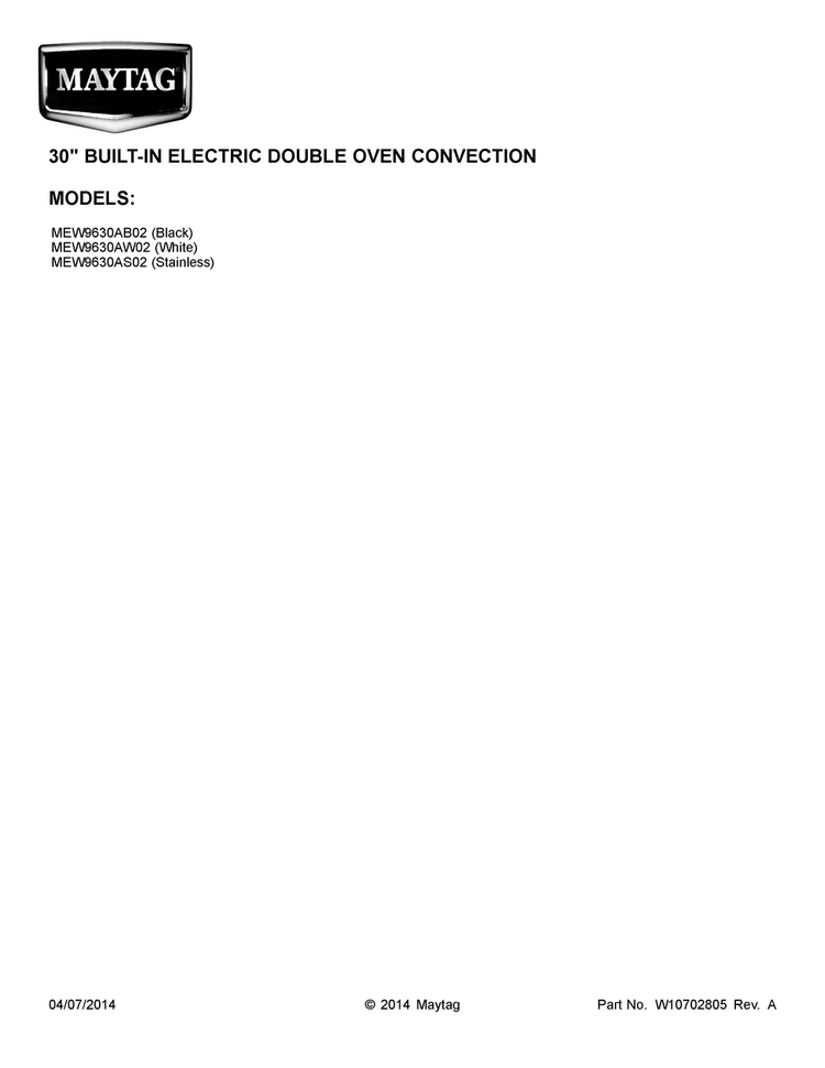 Cover Sheet Diagram and Parts List for MEW9630AS02  Maytag Wall Oven