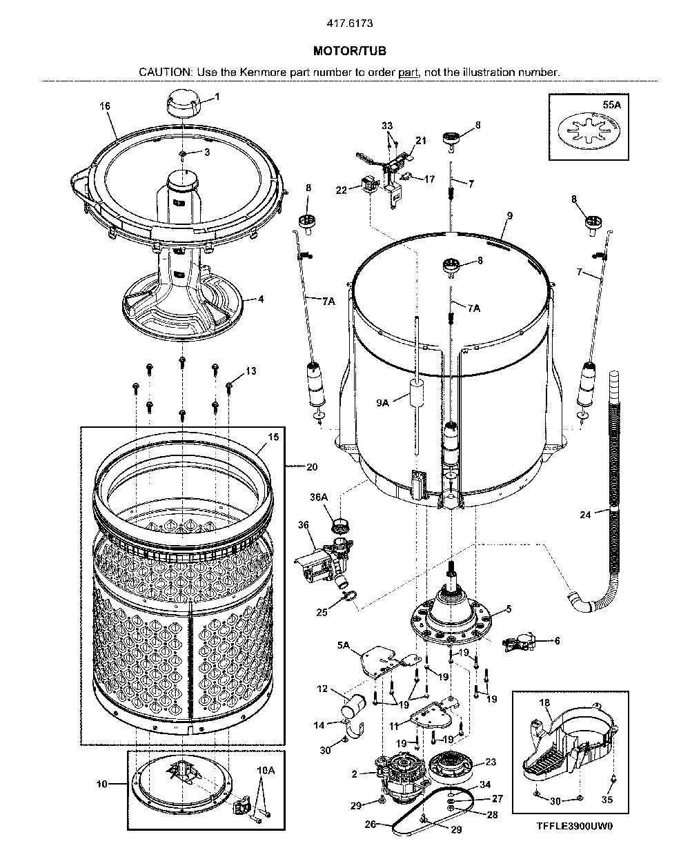 Motor/Tub Diagram and Parts List for 41761733811  Kenmore Washer Dryer Combo