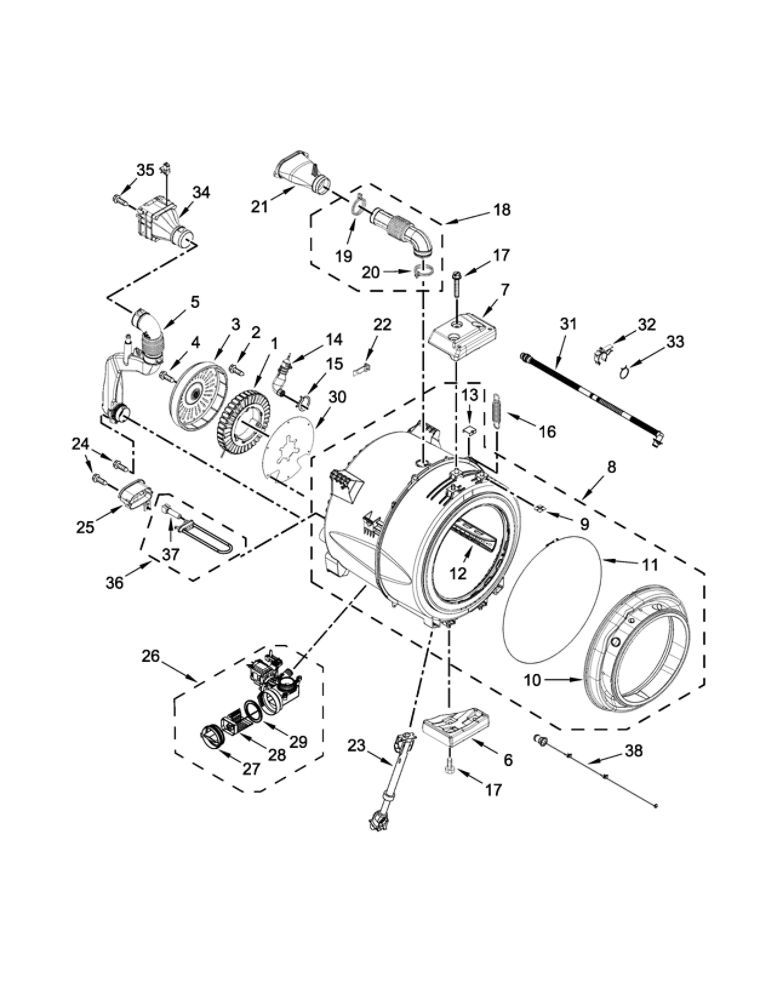 Tub And Basket Parts Diagram and Parts List for 7MMHW5500FC0  Maytag Washer