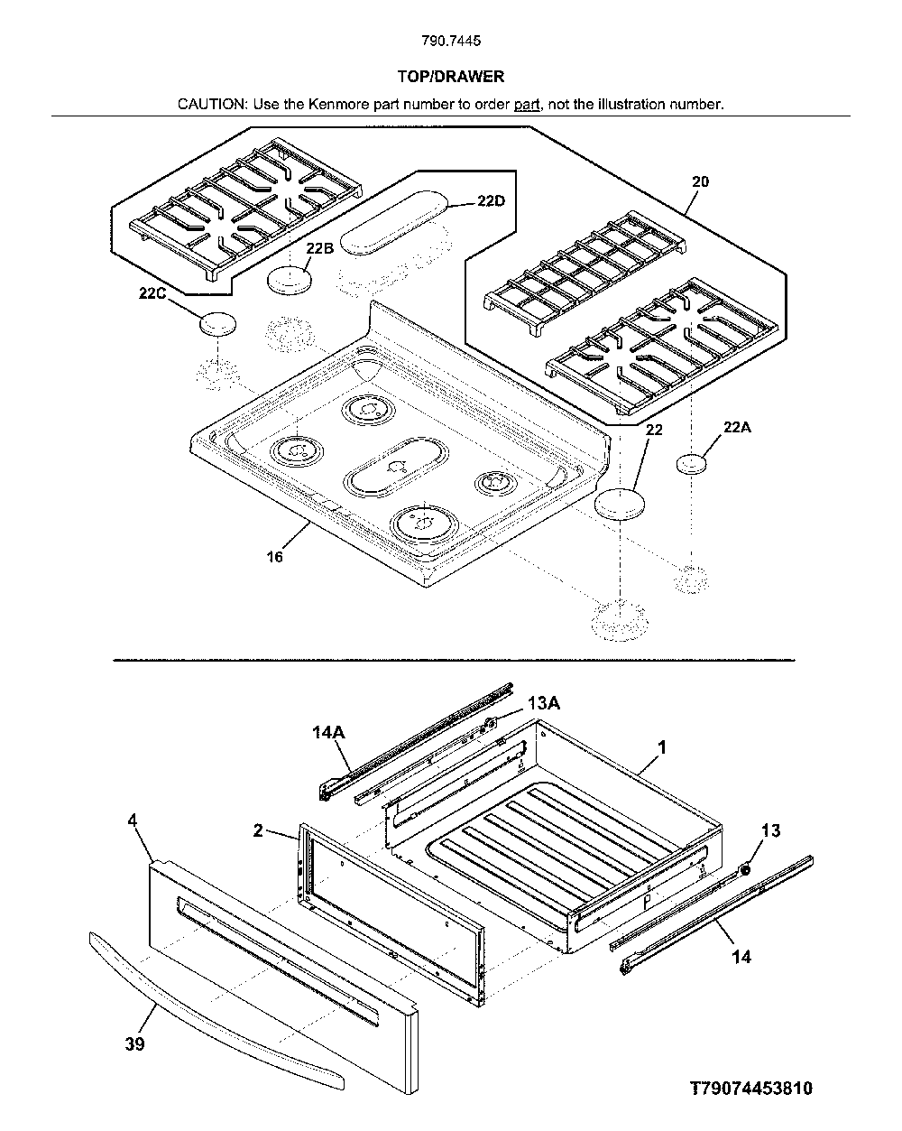 Top/Drawer Diagram and Parts List for 79074457810  Kenmore Range