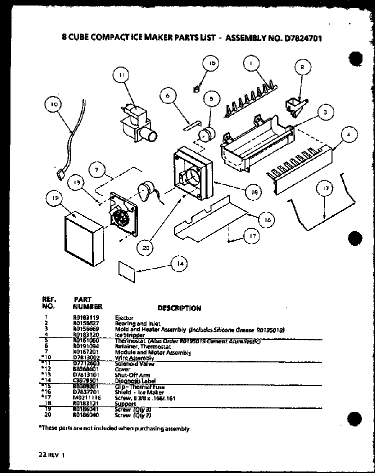 8 Cube Compact Ice Maker Diagram and Parts List for BL20QW-P1125503WW  Amana Refrigerator