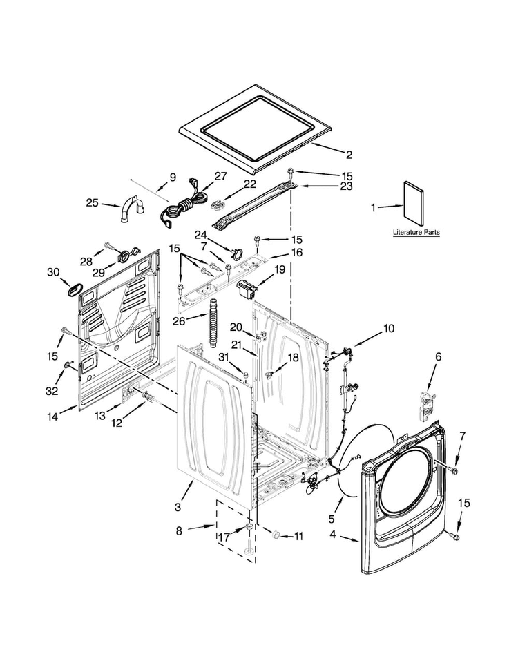 Top And Cabinet Parts Diagram and Parts List for MHW5400DW0  Maytag Washer
