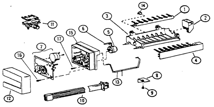 8 Cube Compact Ice Maker Diagram and Parts List for 36541-P1121701W  Amana Refrigerator