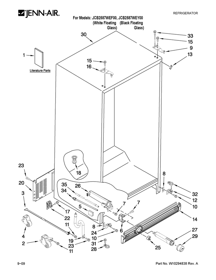 Cabinet Parts Diagram and Parts List for JCB2587WEY00  Jenn-Air Refrigerator