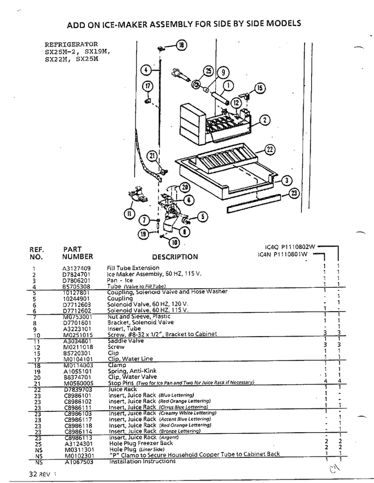 Add On Ice Maker Assy For Side By Side Diagram and Parts List for SX22M  Amana Refrigerator