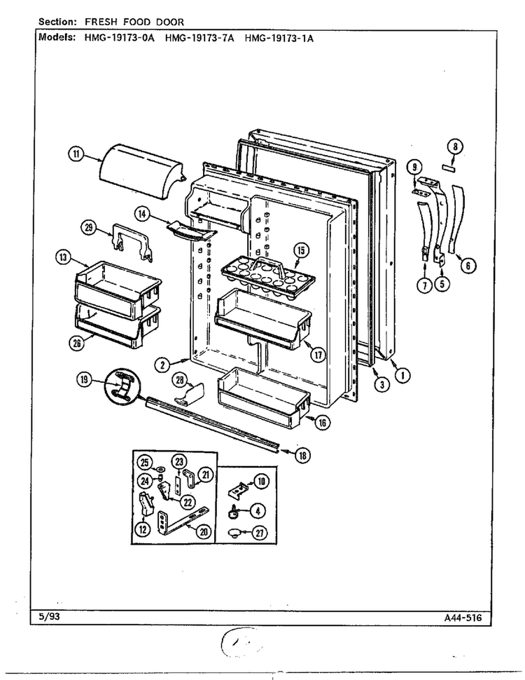 Fresh Food Door Diagram and Parts List for 19173-0A  Admiral Refrigerator