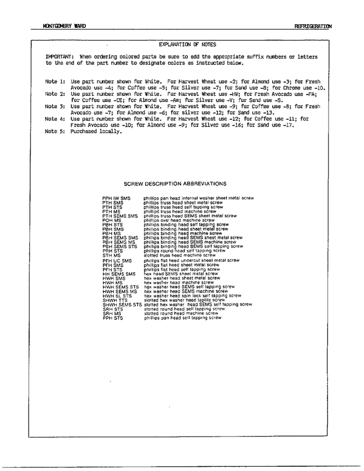 Explanation Of Notes Diagram and Parts List for 19972A  Admiral Refrigerator