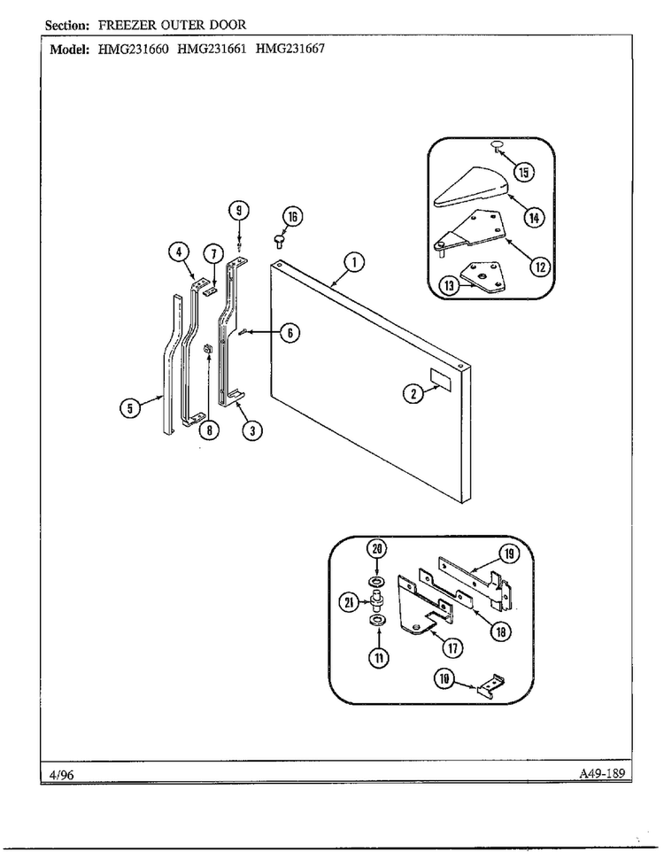 Freezer Outer Door Diagram and Parts List for HMG-231667  Admiral Refrigerator