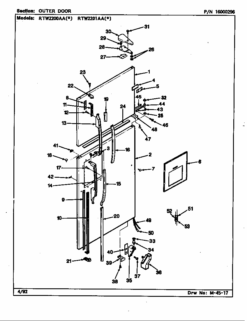 Outer Door (rtw2200aal/ch89a) (rtw2200aaw/ch89a) (rtw2201aal/ch90a) (rtw2200aal/ch90a) (rtw2201aal/ch89a) Diagram and Parts List for RTW2201AAL CH89A Maytag Refrigerator