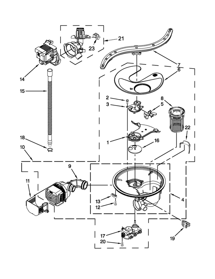 Pump, Washarm And Motor Parts Diagram and Parts List for JDB3650AWF0  Jenn-Air Dishwasher