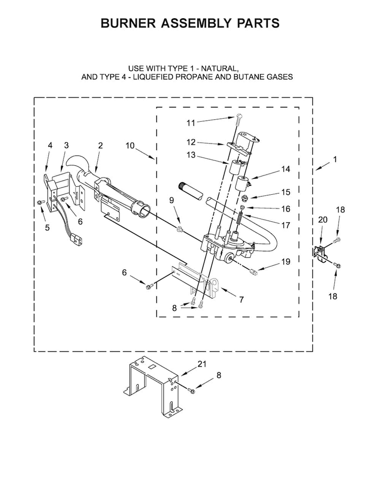 Burner Assembly Parts Diagram and Parts List for MGDB835DW0  Maytag Dryer