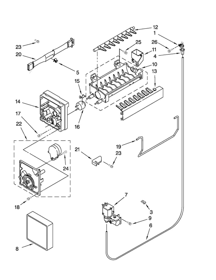 Icemaker Parts Diagram and Parts List for M1TXEMMWQ04  Maytag Refrigerator