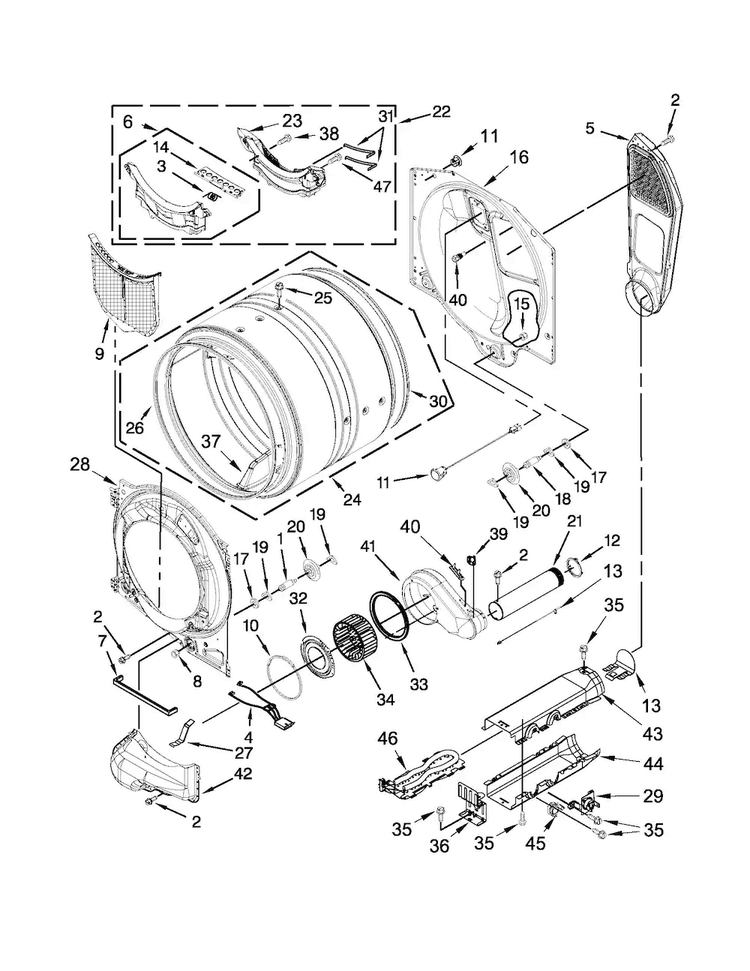 Bulkhead Parts Diagram and Parts List for MED3000BW0  Maytag Dryer