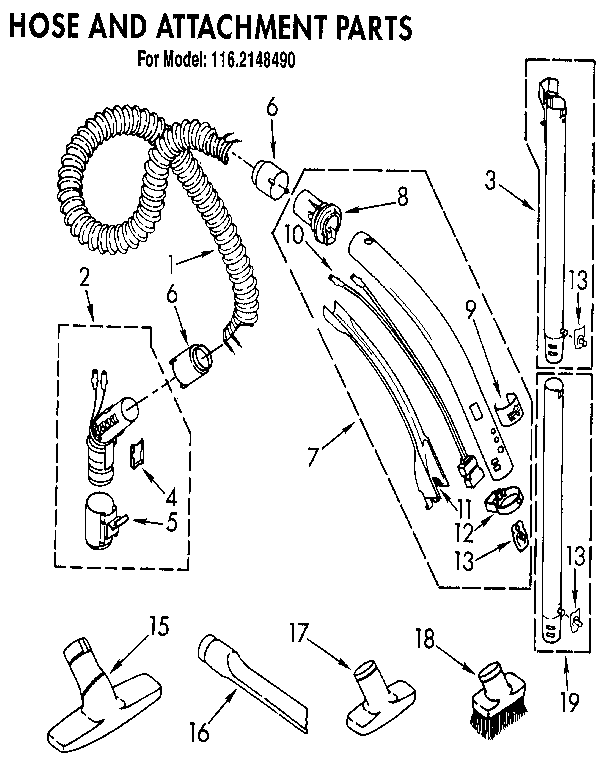 Hose And Attachment Diagram and Parts List for 1162148490  Kenmore Canister Vacuum
