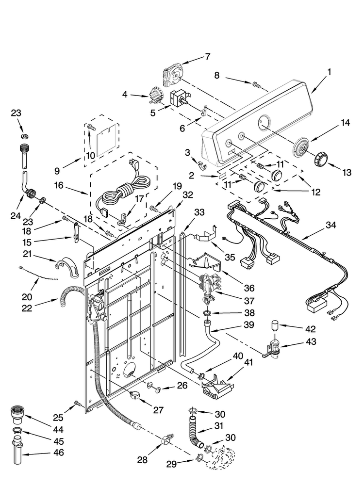 Controls And Rear Panel Parts Diagram and Parts List for 2DMTW5705TW1  Maytag Washer