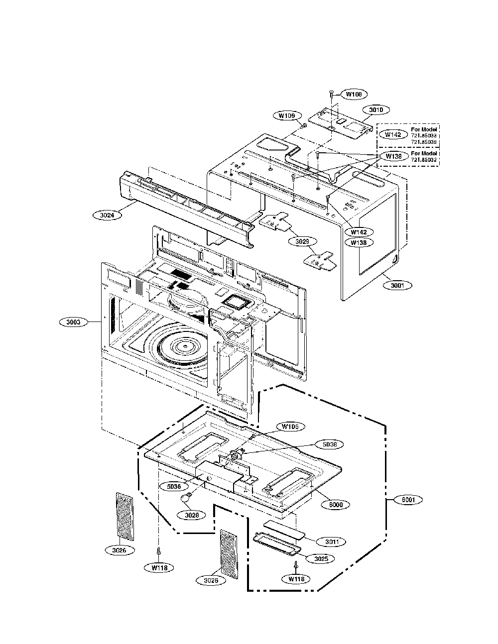 Oven Cavity Parts Diagram and Parts List for 72185032011  Kenmore Microwave Oven Combo