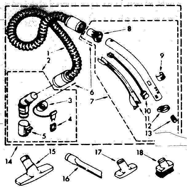 Hose And Attachment Parts Diagram and Parts List for 1162432180  Kenmore Canister Vacuum