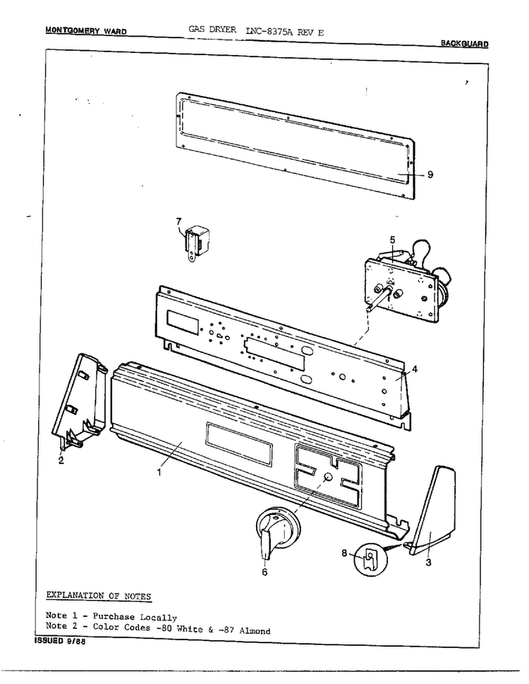 Gas Dryer/ Backguard Diagram and Parts List for 8375A REV E Norge Dryer