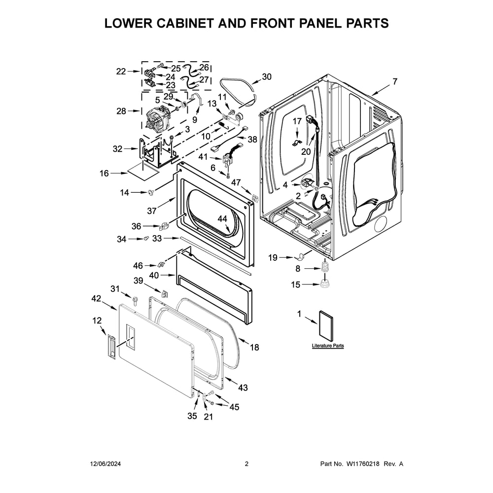 Lower Cabinet And Front Panel Parts Diagram and Parts List for MLE26PRFYW0  Maytag Dryer