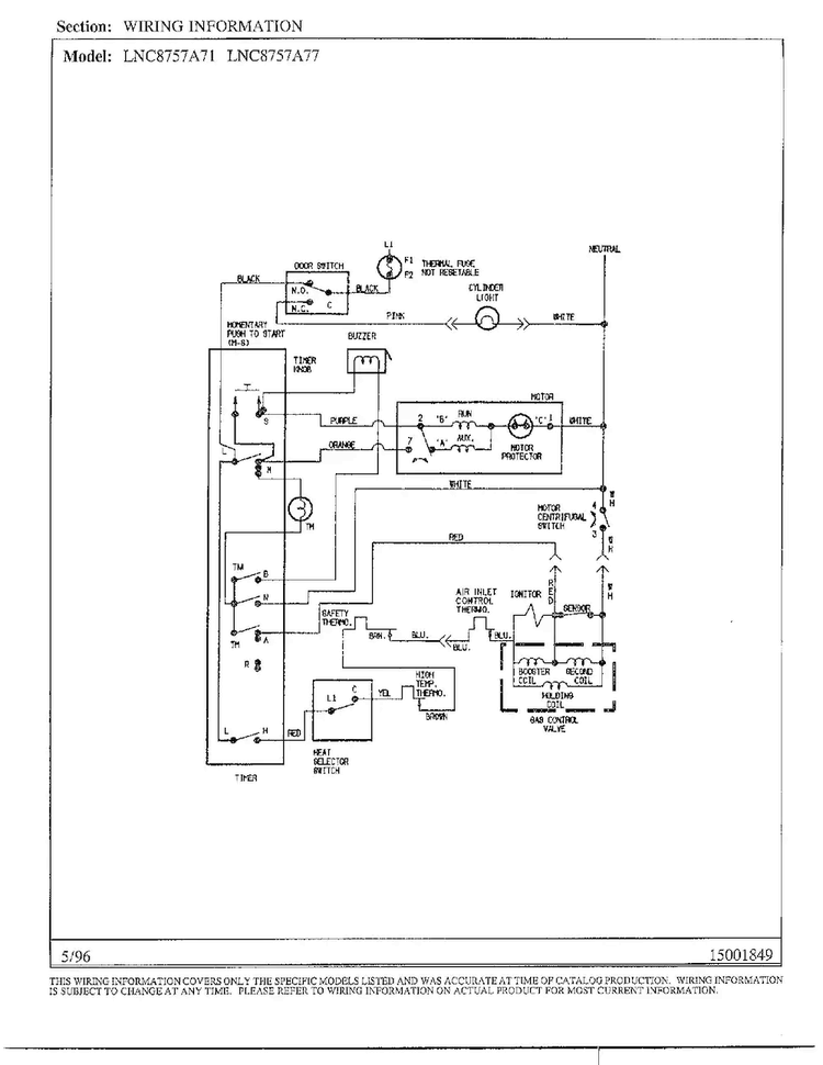 Wiring Information Diagram and Parts List for LNC-8757A71  Maytag Dryer
