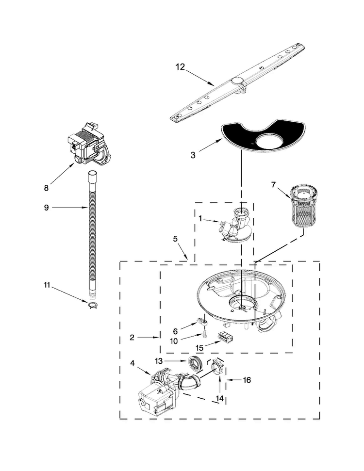 Pump And Motor Parts Diagram and Parts List for ADB1100AWS0  Amana Dishwasher